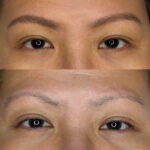 Close-up of semi-permanent combination brows blending hairstrokes and shading in Exeter